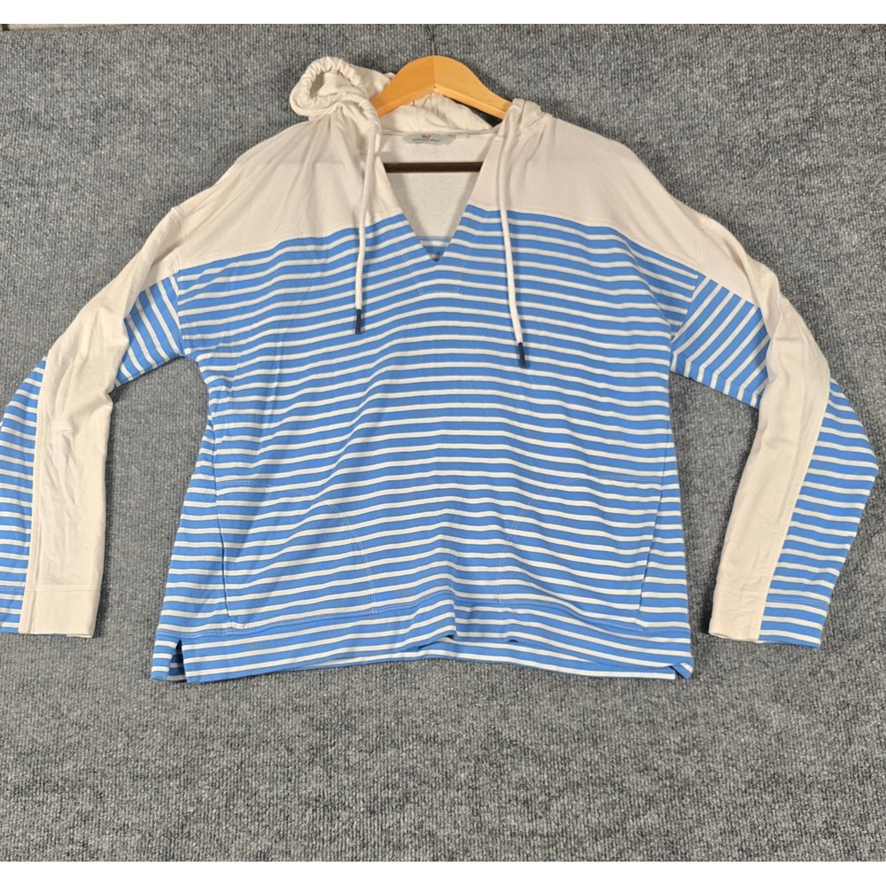 Vineyard Vines Striped V Neck Hoodie Women's Size L Blue White Casual‎ Comfort